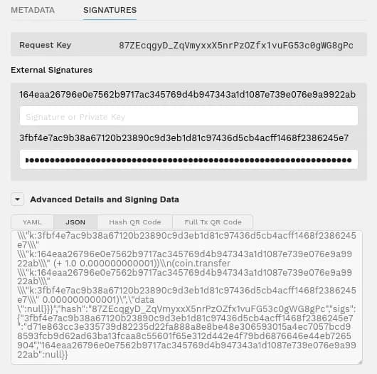 After the signature is pasted in the 3fbf4e.. field, the JSON signature is updated